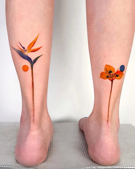 Medium Colorful Bird of Paradise Flowers Tattoo on Women Legs by @txttoo