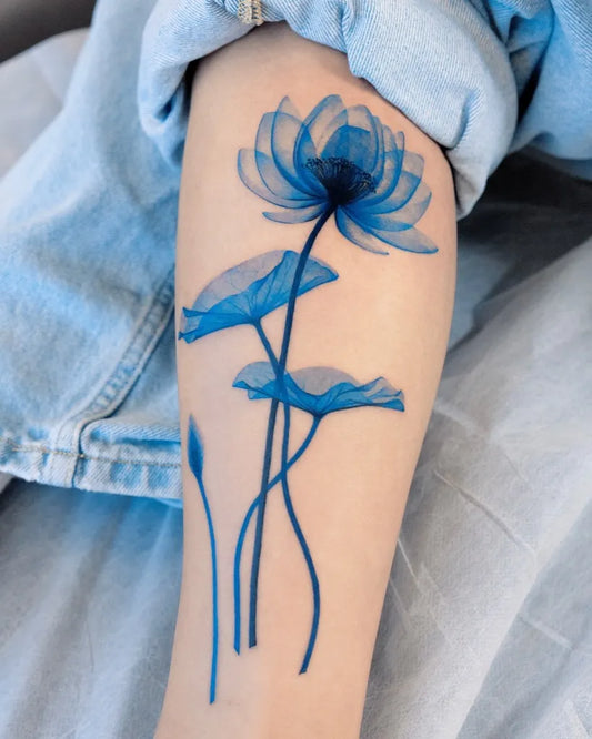 Medium Colorful Blue Lotus Flowers Tattoo on Women Leg by @txttoo