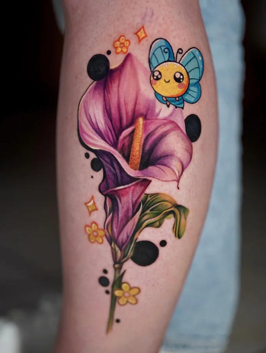 Medium Colorful Calla Lily Butterfly Tattoo on Women Thigh by @cyganart