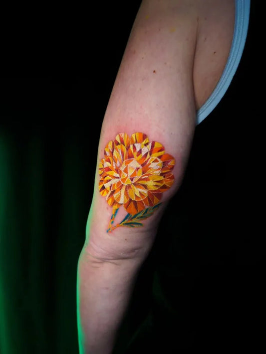 Medium Colorful Dahlia Flower Tattoo on Women Arm by @ar2ta2