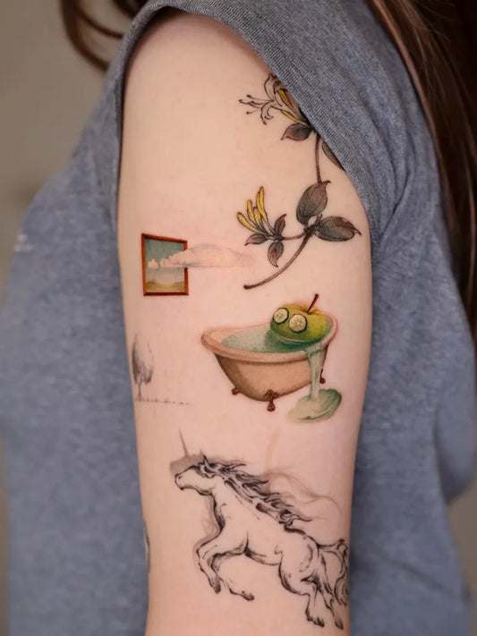 Medium Colorful FantasyBathUnicorn Tattoo on Women Arm by @newtattoo_lu