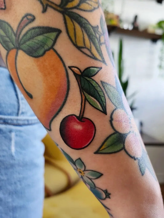 Medium Colorful Fruit Flowers Tattoo on Women Arm by @soucy_keven