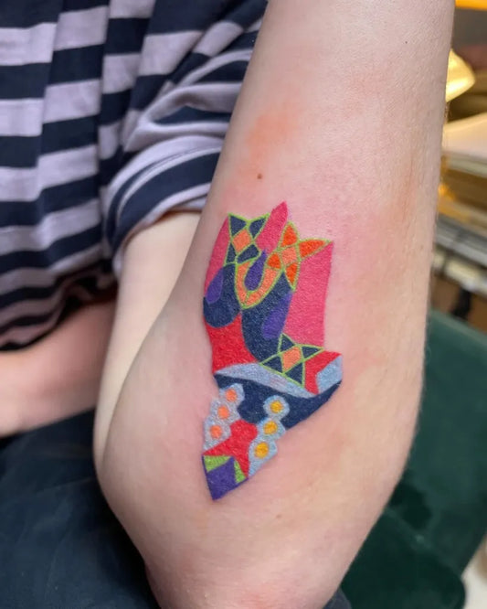 Medium Colorful Geometric Hand Tattoo on Women Arm by @marketa_profeld_tattoo