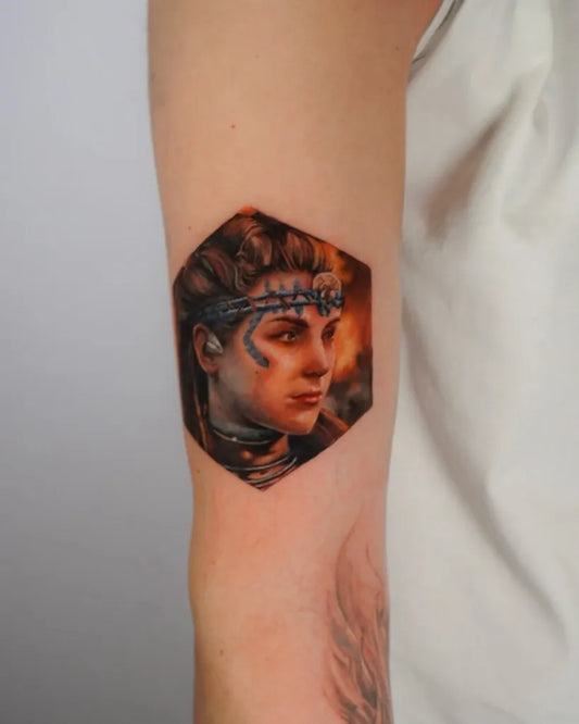 Medium Colorful Hexagon Framed Woman Portrait Tattoo on Women Arm by @danmujica_tattoo