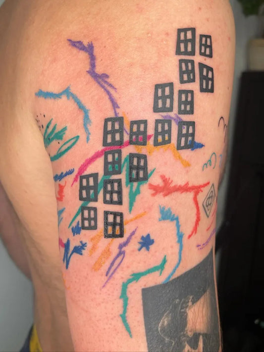 Medium Colorful Houses and Squiggles Tattoo on Men Arm by @agataris