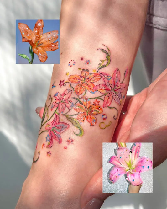 Medium Colorful Lily Flowers Tattoo on Women Arm by @dahlia_tattooist