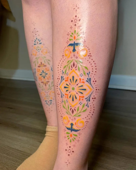 Medium Colorful Mandala Floral Bird Tattoo on Women Leg by @twinkleandthyme