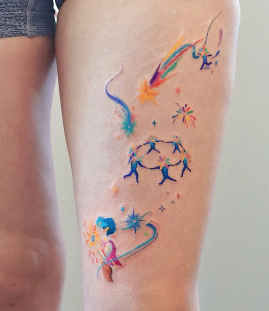 Medium Colorful Rainbow Figures and Stars Tattoo on Women Thigh by @ovenlee.tattoo