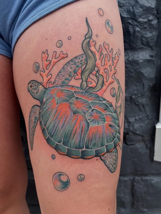 Medium Colorful Realism Sea Turtle and Coral Tattoo on Women Thigh by @blacksquirrelomaha