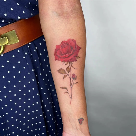 Medium Colorful Rose Tattoo on Women Arm by @_felipeink