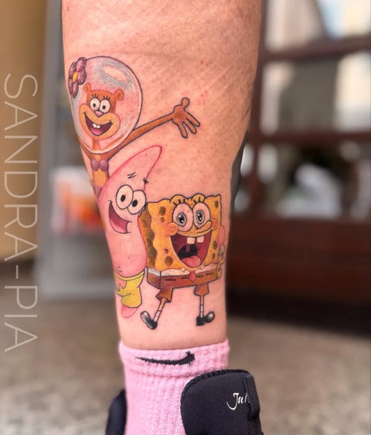 Medium Colorful SpongeBob and Patrick Cartoon Tattoo on Women Thigh by @sandys.scandal.skin