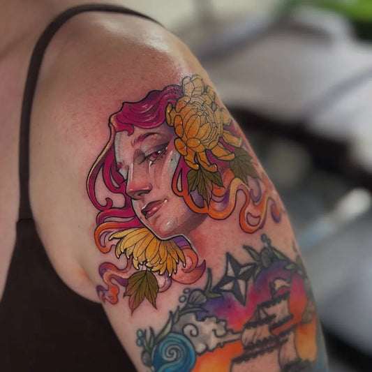 Medium Colorful Woman with Chrysanthemum and Ship Women Shoulder by @madebysanches