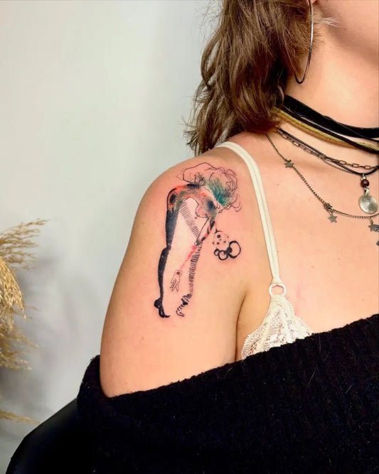 Medium Colorful Woman with Flowers and Locks Tattoo on Women Shoulder by @giz.tattoo