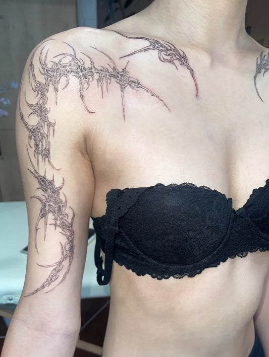 Medium Cyber Sigilism Branch on Women Shoulder Tattoo by @stan_tatu