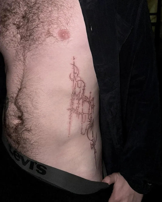 Medium Cyber Sigilism Cross on Men Rib Tattoo by @phantom_of_the_opera_tatt