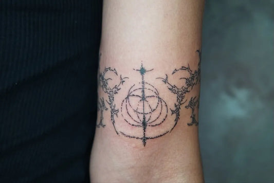 Medium Cyber Sigilism Floral Armband on Women Arm Tattoo by @beowulf.ink