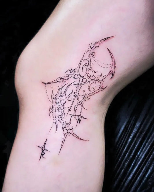 Medium Cyber Sigilism Moon Wings on Women Knee Tattoo by @bubble_brain_tattoo