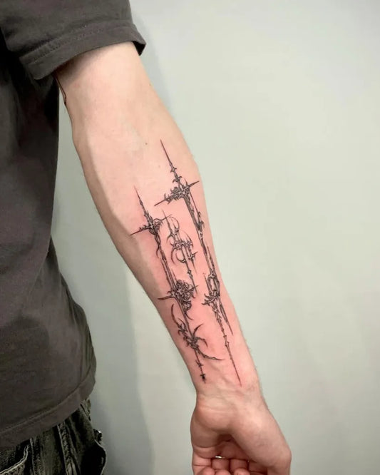 Medium Cyber Sigilism Spikes on Men Arm Tattoo by @wooyootattoo