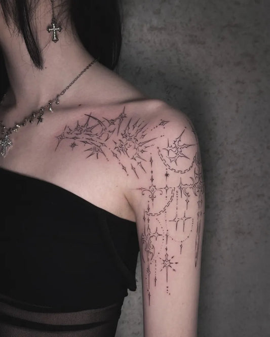 Medium Cyber Sigilism Spikes on Women Shoulder Tattoo by @banditotatz