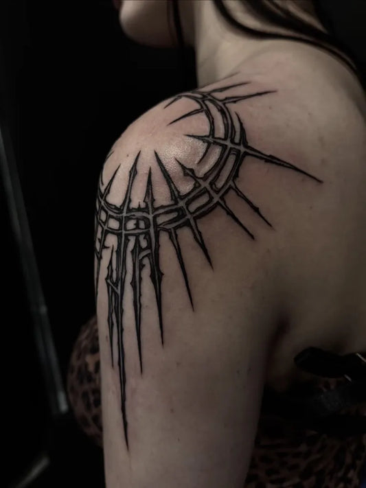 Medium Cyber Sigilism Sun on Women Shoulder Tattoo by @chloeot