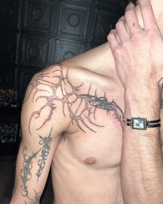 Medium Cyber Sigilism Thorns on Men Shoulder Tattoo by @tattooforest_ed