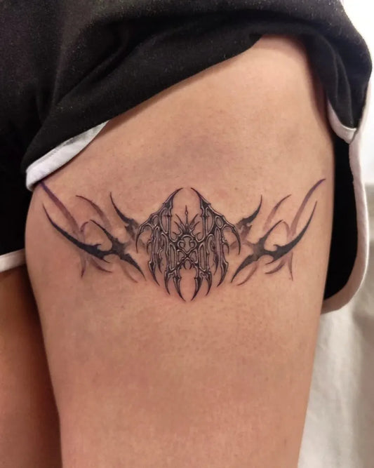 Medium Cyber Sigilism Tribal Wings on Women Thigh Tattoo by @just_yeeling