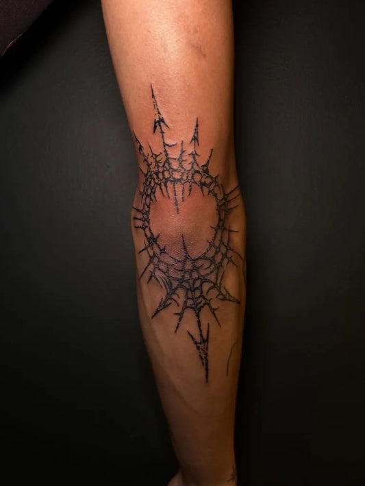 Medium Cyber Sigilism Web on Women Knee Tattoo by @kb_inkatl