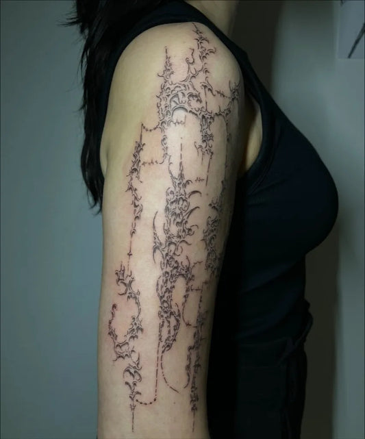 Medium Cyber Sigilism on Women Shoulder Tattoo by @tattoosbypluto