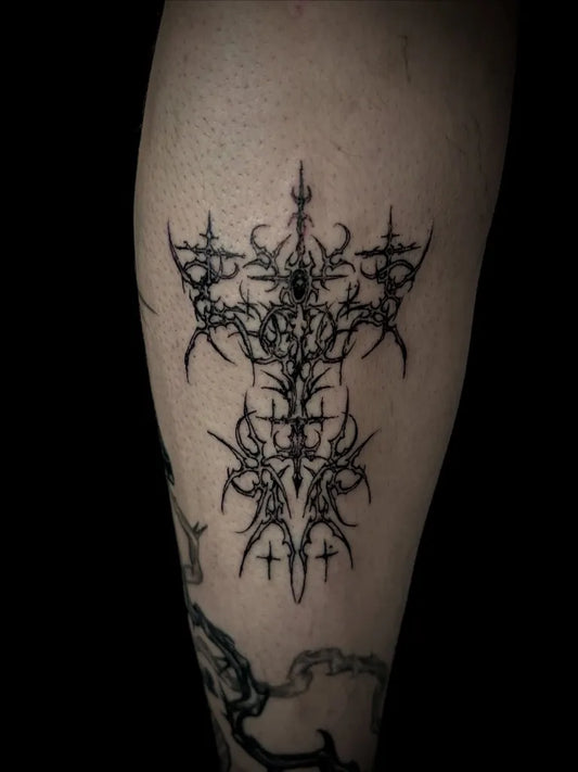 Medium Cyber Sigilism with Crosses and Chains on Men Leg Tattoo by @hoodyink
