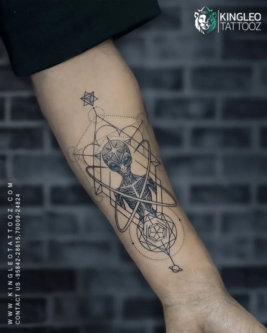 Medium Dotwork Alien Figure Mandala Tattoo on Men Arm by @kingleo_tattooz