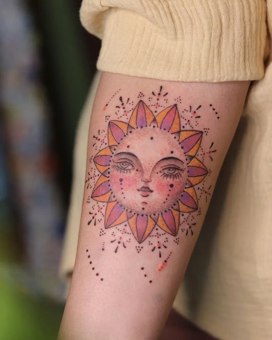 Medium Dotwork Anthropomorphic Sun on Women Arm Tattoo by @aniramchi