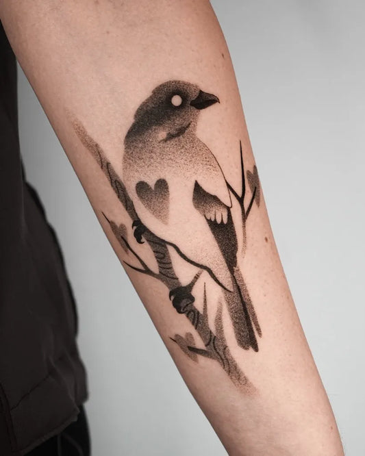 Medium Dotwork Bird on Branch Tattoo on Women Arm by @duzo.kropek.malo.kresek