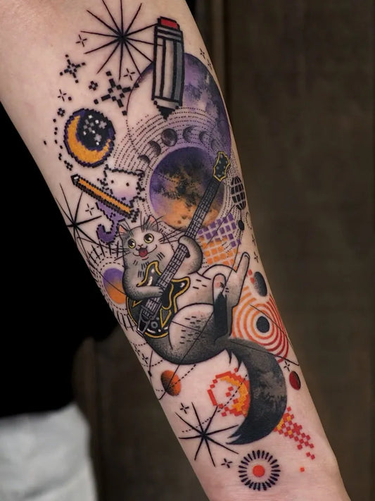 Medium Dotwork Cat Pencil Moon Tattoo on Women Arm by @hen_tattooer