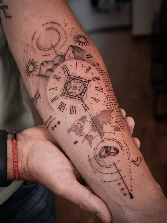 Medium Dotwork Compass Mountains Globe on Men Arm Tattoo by @odb_blackwork