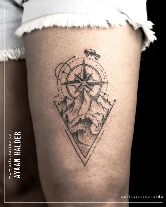 Medium Dotwork Compass Mountains Wave on Women Thigh Tattoo by @ariestattoonoida