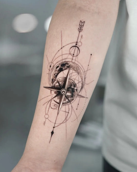 Medium Dotwork Compass and Crescent Moon Tattoo on Men Arm by @tattooist_bae