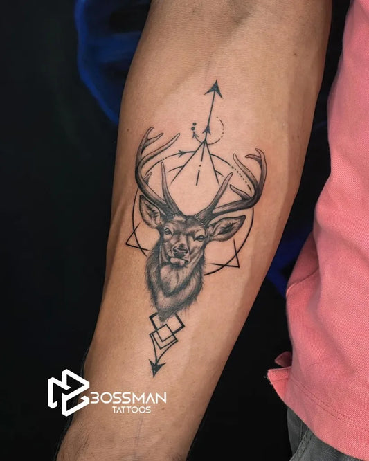 Medium Dotwork Deer with Geometric Arrows Tattoo on Men Arm by @bossman_tattoos