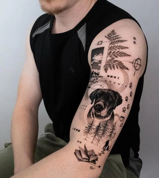 Medium Dotwork Dog Ferns Tattoo on Men Arm by @tinascka.tt