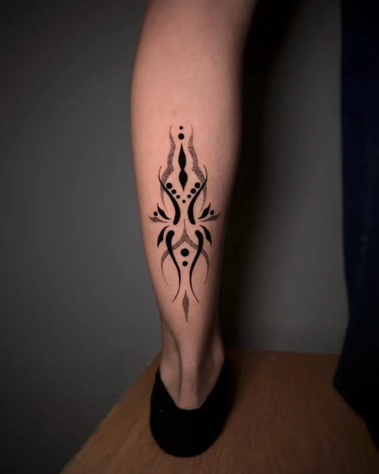 Medium Dotwork Floral Ornament Tattoo on Women Leg by @navgevtattoo