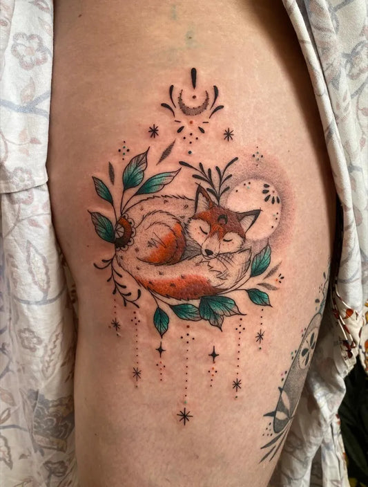 Medium Dotwork Fox and Moon Tattoo on Women Thigh by @a.coop3r