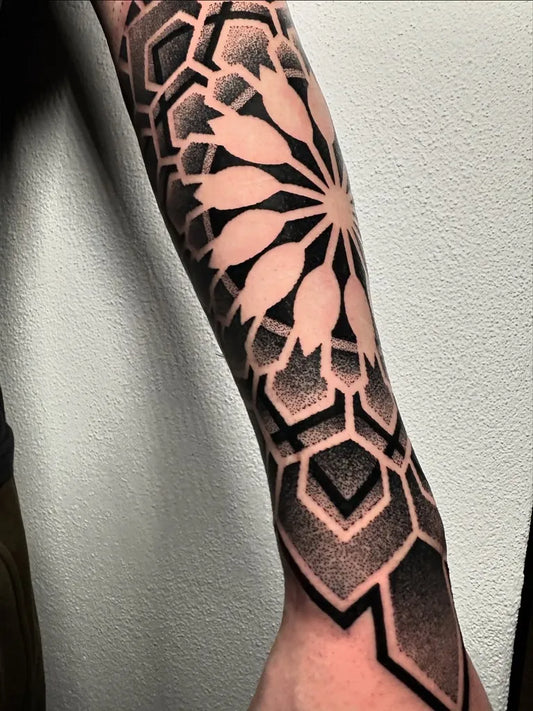 Medium Dotwork Geometric Mandala Tattoo on Men Arm by @vada.come.vada_