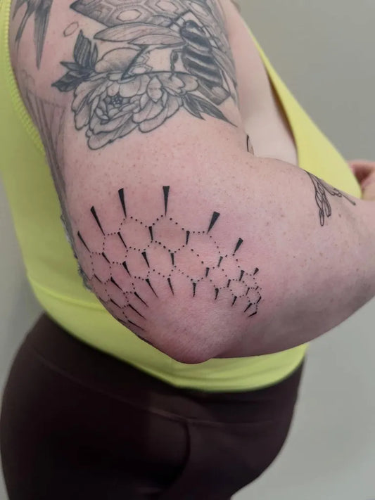 Medium Dotwork Geometric Pattern Tattoo on Women Elbow by @otherkristinaguison.tattoos