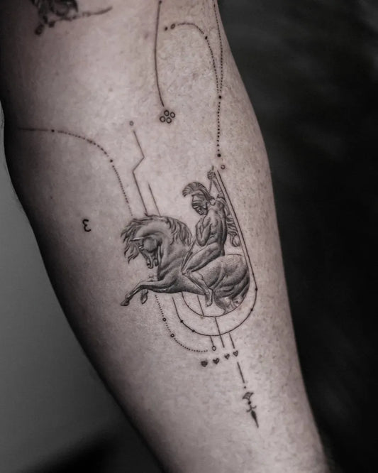 Medium Dotwork Horse Rider on Men Arm Tattoo by @dannyptattoos