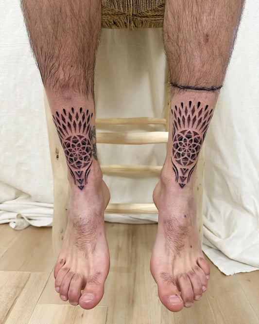Medium Dotwork Mandala Tattoo on Men Ankle by @kyleshritattoo
