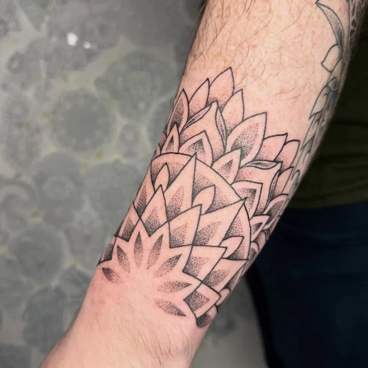 Medium Dotwork Mandala Tattoo on Men Arm by @mick_cage_tattoos