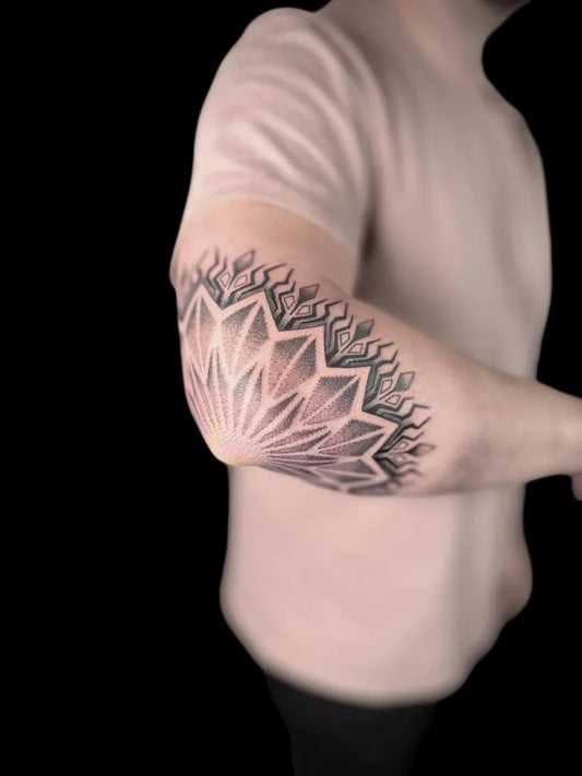 Medium Dotwork Mandala Tattoo on Men Arm by @primitivetattoo