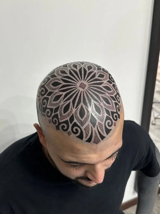 Medium Dotwork Mandala Tattoo on Men Head by @andrea_scollo_noname_tattoo