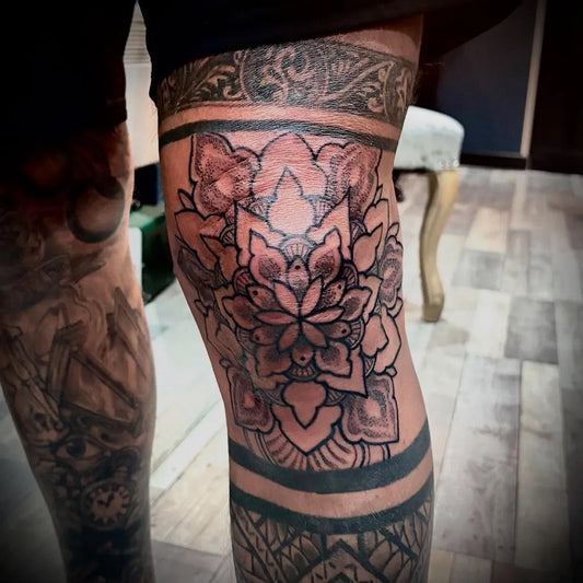 Medium Dotwork Mandala Tattoo on Men Knee by @funlovintattoos