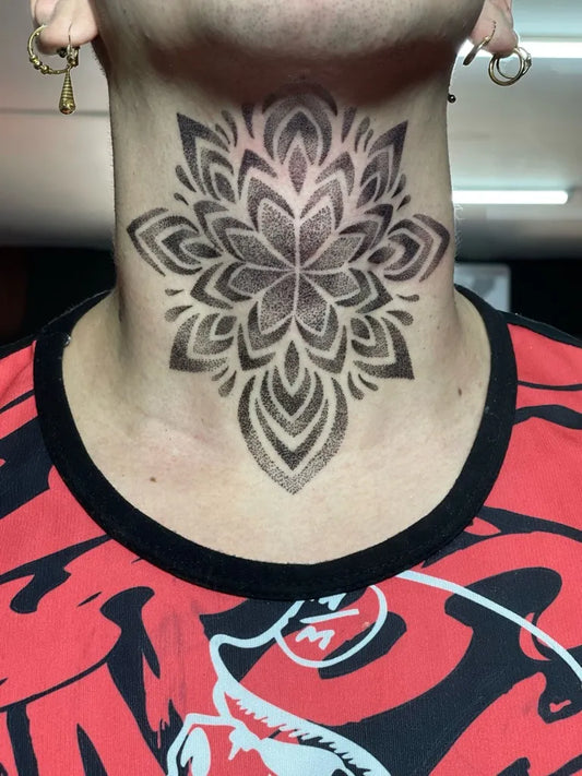 Medium Dotwork Mandala Tattoo on Men Neck by @yohancano_artist