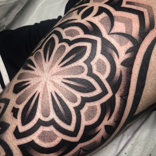 Medium Dotwork Mandala Tattoo on Men Thigh by @lauren.ansbro.tattoos